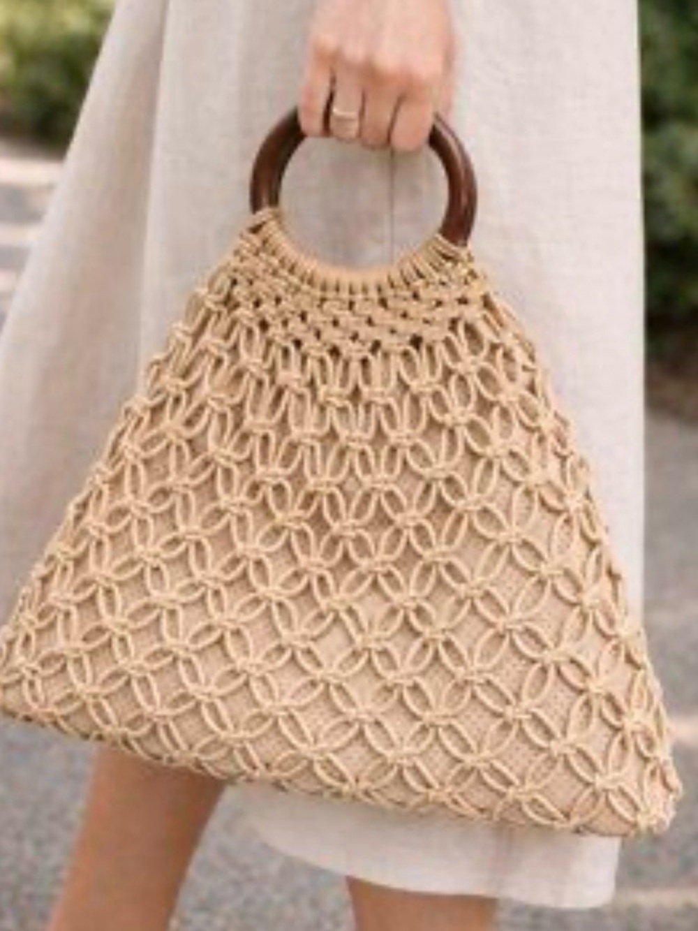 Urban Expressions Macramé Milos Tote Purse Bag Beige Cream Vegan Wood Handles